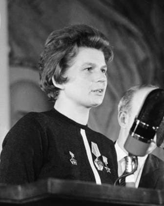 Moscow, USSR. June 25, 1963. Hero of the Soviet Union, Soviet cosmonaut Valentina Tereshkova answers questions during a press conference dedicated to joint flight of Vostok 5 and Vostok 6 spacecrafts at the Assembly Hall of Lomonosov Moscow State University. Vladimir Savostyanov TASS  22493509