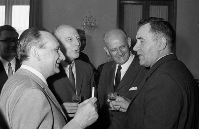 Moscow, USSR. Minister of Foreign Affairs of the USSR Andrei Gromyko, Secretary of State in the Federal Chancellery of the Federal Republic of Germany Egon Bahr (R-L) and Vice Chancellor, Minister of Foreign Affairs of the Federal Republic of Germany Walter Scheel (L back) have a conversation at business breakfast at the Ministry of Foreign Affairs of the USSR. Sergei Preobrazhensky, Alexei Stuzhin TASS  24731822