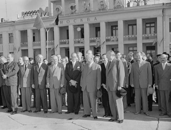 Moscow, USSR. Minister of Foreign Affairs of the USSR Vyacheslav Molotov (4th L front), Chairman of the Council of Ministers of the USSR Nikolai Bulganin (2nd R front), Federal Chancellor of the Federal Republic of Germany Konrad Adenauer (R front), First Deputy Chairman of the Council of Ministers of the USSR Mikhail Pervukhin (2nd R second row) and Secretary of the Central Committee of the Communist Party of the Soviet Union Mikhail Suslov (3rd R second row) hold the see-off ceremony for the FRG government delegation at Vnukovo Airport. Vladimir Savostyanov TASS  31919651