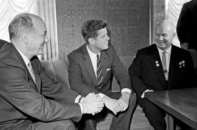 Vienna. Austria. June 3, 1961. Nikita Khrushchev (R-L), a First Secretary of the Communist Party of the Soviet Union, John Kennedy, a President of the United States, Dean Rusk, a United States Secretary of State, negotiate at the residence of the American Ambassador to Austria. Vasily Egorov TASS  771325