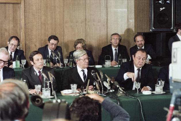 Moscow, USSR. July 1, 1980. Chancellor of the Federal Republic of Germany Helmut Schmidt (2nd R, front) and Vice Chancellor of the FRG, Federal Minister of Foreign Affairsof the FRG Hans-Dietrich Genscher (R, front) hold a press conference for Soviet and international journalists before their departure. Eduard Pesov TASS  18766395