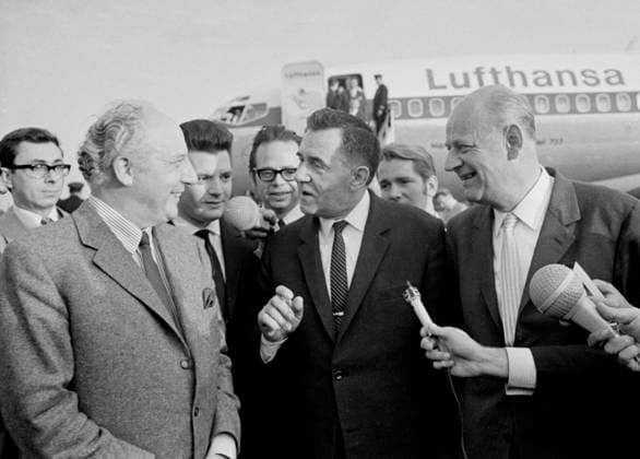 Moscow Region, USSR. Vice Chancellor, Minister of Foreign Affairs of the Federal Republic of Germany Walter Scheel, Minister of Foreign Affairs of the USSR Andrei Gromyko and Ambassador of the Federal Republic of Germany to the USSR Helmut Allardt (L-R front) meet at Sheremetyevo Airport. Sergei Preobrazhensky TASS  22548813