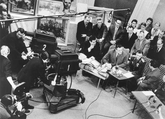 Moscow, USSR. Hero of the Soviet Union, Soviet cosmonaut, the first person in the world to make an orbital flight on the Vostok spacecraft on April 12, 1961 Yuri Gagarin (2nd R in 1st row) appears for the first time on the USSR Central Television. Alexander Konkov TASS  300743