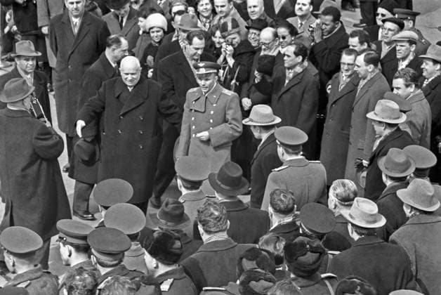 Moscow, USSR. First Secretary of the Communist Party of the Soviet Union, Chairman of the Council of Ministers of the Soviet Union Nikita Khrushchev and the world s first cosmonaut Yuri Gagarin(L-R, centre), who made a space flight on April 12, 1961 on the Vostok spacecraft, attend a welcoming ceremony for Yuri Gagarin at the Vnukovo airport. Valery Gende-Rote TASS  301101