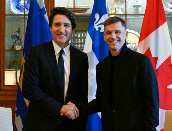 January 29, 2023, QUEBEC, PQ, Canada: Prime Minister Justin Trudeau, left, is greeted by Quebec City Mayor Bruno Marchand, Sunday, January 29, 2023 at City Hall in Quebec City. QUEBEC Canada  - ZUMAc35_ 20230129_zaf_c35_012 Copyright: xJacquesxBoissinotx