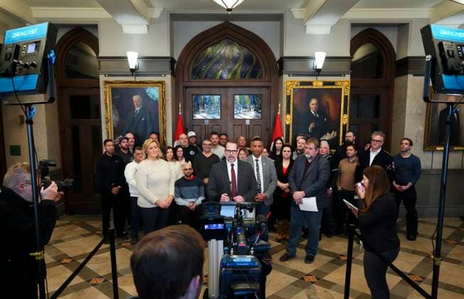 January 31, 2023, Ottawa, ON, Canada: NDP Deputy Leader and Labour Critic Alexandre Boulerice joins National President of the Canadian Union of Public Employees (CUPE), Mark Hancock, to call on the government to urgently deliver anti-scab legislation during a press conference in the foyer of the House of Commons on Parliament Hill in Ottawa on Tuesday, Jan. 31, 2023. Ottawa Canada  - ZUMAc35_ 20230131_zaf_c35_056 Copyright: xSeanxKilpatrickx