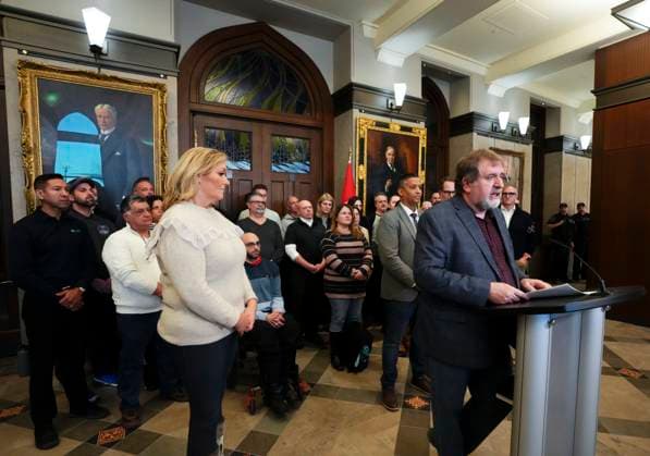 January 31, 2023, Ottawa, ON, Canada: National President of the Canadian Union of Public Employees (CUPE), Mark Hancock, joins NDP Deputy Leader and Labour Critic Alexandre Boulerice to call on the government to urgently deliver anti-scab legislation during a press conference in the foyer of the House of Commons on Parliament Hill in Ottawa on Tuesday, Jan. 31, 2023. Ottawa Canada  - ZUMAc35_ 20230131_zaf_c35_057 Copyright: xSeanxKilpatrickx