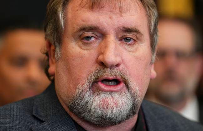 January 31, 2023, Ottawa, ON, Canada: National President of the Canadian Union of Public Employees (CUPE), Mark Hancock, joins NDP Deputy Leader and Labour Critic Alexandre Boulerice to call on the government to urgently deliver anti-scab legislation during a press conference in the foyer of the House of Commons on Parliament Hill in Ottawa on Tuesday, Jan. 31, 2023. Ottawa Canada  - ZUMAc35_ 20230131_zaf_c35_059 Copyright: xSeanxKilpatrickx