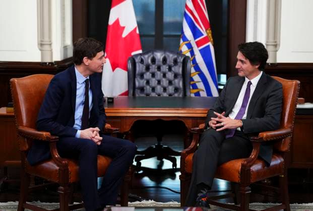 February 1, 2023, Ottawa, ON, Canada: Prime Minister Justin Trudeau meets with with the Premier of British Columbia, David Eby, in his office on Parliament Hill in Ottawa on Wednesday, Feb. 1, 2023. Ottawa Canada  - ZUMAc35_ 20230201_zaf_c35_082 Copyright: xSeanxKilpatrickx