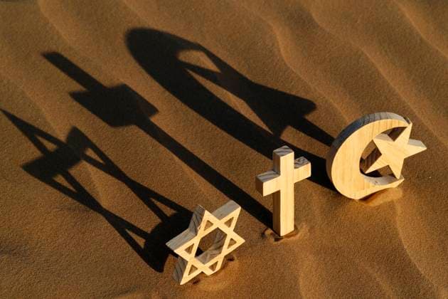 Religious symbols of Catholicism, Islam, Judaism, interreligious spirituality concept, United Arab Emirates, Middle East Copyright: Godong 809-8528