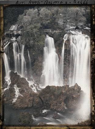 RECORD DATE NOT STATED Jajce, Bosnia and Herzegovina Falls of La Pliva , 1912 - Balkans, Italy - Jean Brunhes and Auguste LÃ on - (October 13 - 27) (French - ï»¿Jajce , Bosnie-HerzÃ govine Chutes de la Pliva). Waterfall, hut, civil engineering, river, hydrography, bridge, Habitat , architecture, nature , environment, Bosnie, hahace, Pliva Chute Copyright: xpiemagsx AKahnlpie020223-6309 !ACHTUNG AUFNAHMEDATUM GESCHÄTZT!