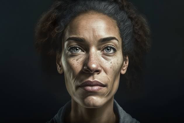 Generative AI of serious adult female with curly hair and freckles looking at camera against black background, Property released HodeiUnzueta_ID12617_383326_032 Copyright: xHodeixUnzuetax Model Released