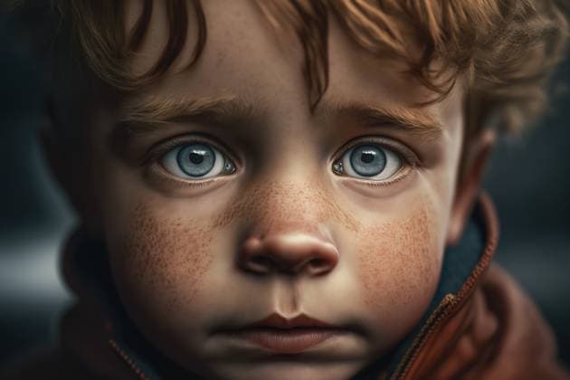 Generative AI of crop adorable boy with curly ginger hair and freckles looking at camera with curiosity against blurred background HodeiUnzueta_ID12622_383428_023 Copyright: xHodeixUnzuetax Model Released