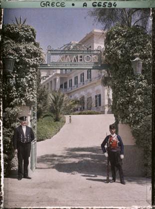 RECORD DATE NOT STATED Corfu, Greece the Achilleion - the entrance to the park , 1913 - Balkans, Italy - Jean Brunhes and Auguste LÃ on - (September - October 23) (French - ï»¿Corfou , Grece L Achilleion - L entrÃ e du Parc). Military uniform, architectural inscription, villa, door, ironwork, palace , castle, man, army, Clothing, registration , information, art, housing , architecture, human beings, society, Greece, Corfu, Achilleion - The Park Entrance Copyright: xpiemagsx AKahnlpie020223-1385 !ACHTUNG AUFNAHMEDATUM GESCHÄTZT!