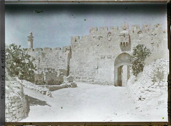 RECORD DATE NOT STATED Jerusalem, Palestine Porte de Saint Etienne, called Lions Porte , 1918 - Near East, Egypt, Palestine, Cyprus - Paul Castelnau (photographic section of the armies) - (January 9 -October 6) (French - ï»¿JÃ rusalem , Palestine Porte de Saint Etienne , dite Porte des Lions). Grasse plant, Islam, sculpture, prickly pear, minaret, fruit, fortified architecture, door, rampart, religious architecture, Religion , Art , Habitat , Architecture, Palestine, Jerusalem, Porte St Etienne Copyright: xpiemagsx AKahnlpie020223-280 !ACHTUNG AUFNAHMEDATUM GESCHÄTZT!