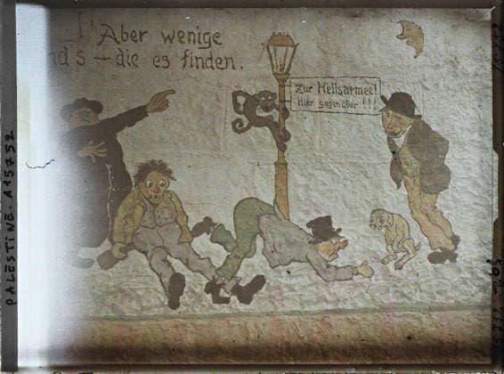 RECORD DATE NOT STATED Bethlehem, Palestine Fresque on a wall of the cellar of the School of the Salle (or Brothers of the Christian Schools) , 1918 - Near East, Egypt, Palestine, Cyprus - Paul Castelnau (photographic section of the armies) - (January 9 -October 6) (French - ï»¿BethlÃ em , Palestine Fresque sur un mur du cellier de l Ecole de la Salle ( ou Freres des Ecoles chrÃ tiennes )). Foreign presence, Christianity, calligraphy, painting, alcohol, army, International relations, religion, art, society, Palestine, Bethlehem, German frescoes on the Cillier wall (?) Transformed into messages of officers, brothers of the Christian Schools Copyright: xpiemagsx AKahnlpie020223-318 !ACHTUNG AUFNAHMEDATUM GESCHÄTZT!