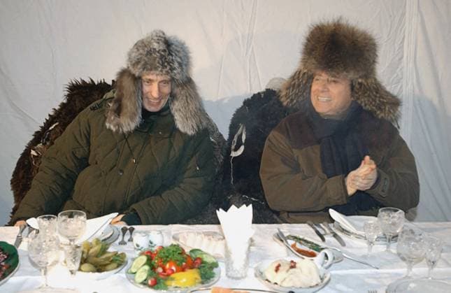 Putin Berlusconi meeting Zavidovo 181910 03.02.2003 Russian President Vladimir Putin and Italian Prime Minister Silvio Berlusconi during an open-air lunch at Putin s residence in Zavidovo near Moscow. Vladimir Rodionov Sputnik Zavidovo Moscow region Russia  Copyright: xVladimirxRodionovx