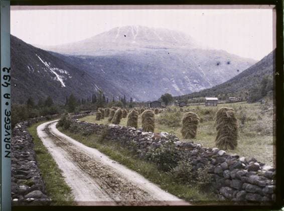 RECORD DATE NOT STATED Near Rjukan, Norway the grinders along the road, in the Vestfjorddalen , 1910 - Voyage of Albert Kahn and Auguste LÃ on in Scandinavia - (August 9 - September 14) (French - ï»¿Pres de Rjukan , Norvege Les meules le long de la route , dans le Vestfjorddalen). Landscape, Mont , Mountain, Agriculture , Breeding, Hay, Valley, Road, exists in high definition, Nature , environment, economic activity, HD, Near Saaheim, surrounding Saaheim Copyright: xpiemagsx AKahnlpie020223-16000 !ACHTUNG AUFNAHMEDATUM GESCHÄTZT!