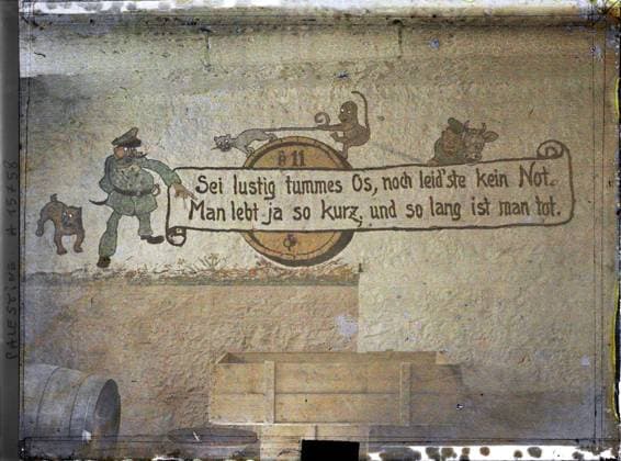 RECORD DATE NOT STATED Bethlehem, Palestine Fresque on a wall of the cellar of the School of the Salle (or Brothers of the Christian Schools) , 1918 - Near East, Egypt, Palestine, Cyprus - Paul Castelnau (photographic section of the armies) - (January 9 -October 6) (French - ï»¿BethlÃ em , Palestine Fresque sur un mur du cellier de l Ecole de La Salle ( ou Freres des Ecoles chrÃ tiennes )). Foreign presence, represented animal , fantastic animal, exists in high definition, painting, architectural inscription, barrel, alcohol, army, International relations, animal, HD, art, registration , information, company, Palestine, Bethlehem, German frescoes on the Cillier wall (?) Transformed into messages of officers, brothers of the Christian Schools Copyright: xpiemagsx AKahnlpie020223-4188 !ACHTUNG AUFNAHMEDATUM GESCHÄTZT!