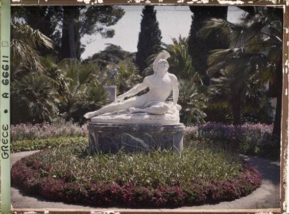RECORD DATE NOT STATED Corfu, Greece the Achilles - In the Park, a statue , 1913 - Balkans, Italy - Jean Brunhes and Auguste LÃ on - (September - October 23) (French - ï»¿Corfou , Grece L Achilleion - Dans le Parc , une statue). Statue, palm , palm grove, sculpture, legend , myth, flower, villa, park , garden, flowerbed, palace , castle, vegetation , botany, man, Art, housing , architecture, nature , environment, human beings, Greece, Corfu, Achilleion - in the park, a statue Copyright: xpiemagsx AKahnlpie020223-1402 !ACHTUNG AUFNAHMEDATUM GESCHÄTZT!