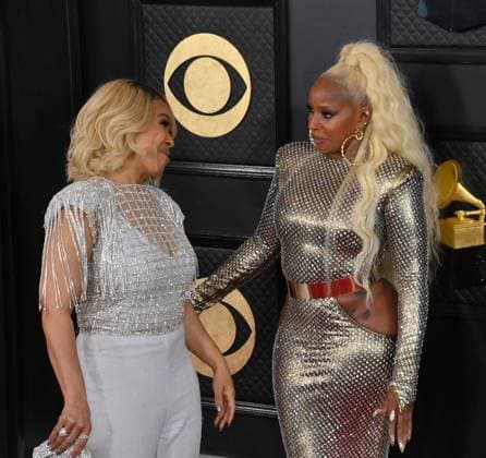 (L-R) Erica Campbell and Mary J. Blige attend the 65th annual Grammy Awards at the Crypto.com Arena in Los Angeles on Sunday, February 5, 2023.  LAP2023020504 JIMxRUYMEN