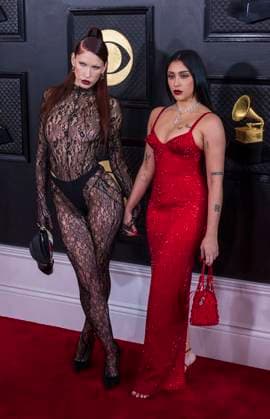 February 5, 2023, Los Angeles, California, USA: Trinity Vigorsky and Lourdes Leon on the red carpet of the 65th Annual Grammy Awards held on Sunday February 5, 2023 at Crypto Arena in Los Angeles, California. PI Los Angeles USA - ZUMAp124 20230205_zaa_p124_080 Copyright: xJAVIERxROJASx