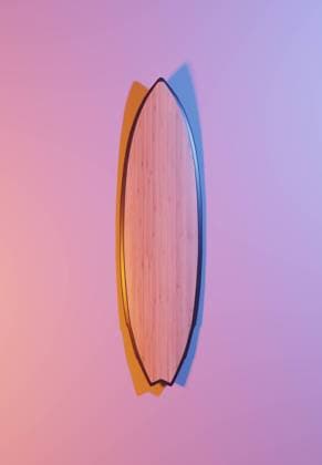 RECORD DATE NOT STATED Surfboard with blue and orange light on a pink background, 3d rendering
