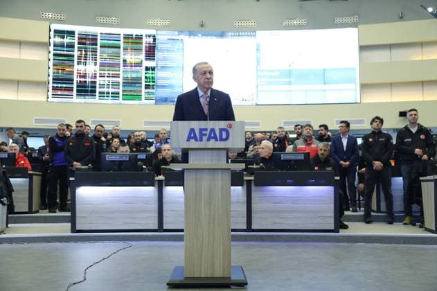 Turkish President Tayyip Erdogan speaks at the coordination center of Turkey s Disaster and Emergency Management Authority (AFAD) in AnkaraA powerful earthquake has hit a wide area in eastern and south-eastern Turkey, near the Syrian border, killing more than 2000 people and trapping many others. 17837748