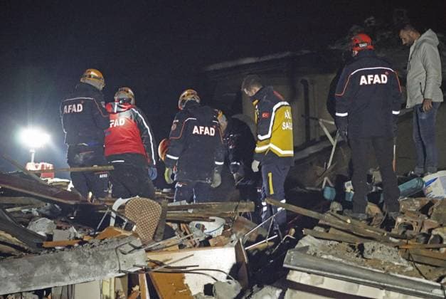 Turkey, Syria earthquake Rescue workers search through rubble in the eastern Turkish city of Malatya on Feb. 6, 2023, after a deadly 7.8-magnitude earthquake hit Turkey and Syria earlier in the day.  A14AA0001393528P