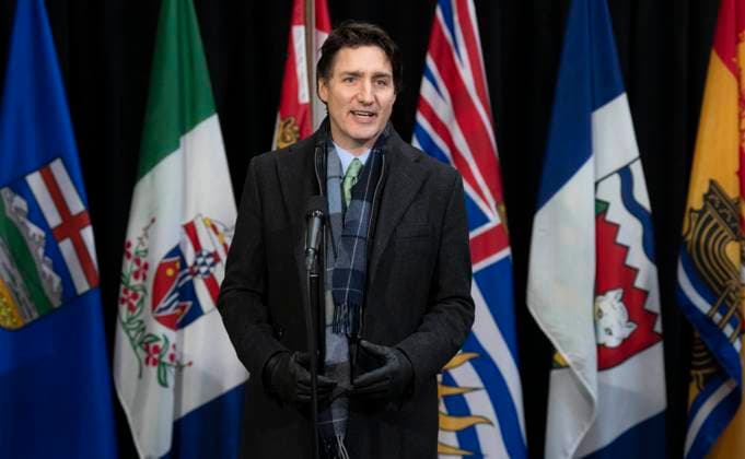 February 7, 2023, Ottawa, ON, Canada: Prime Minister Justin Trudeau speaks with media as he arrives for a health care meeting with Premiers, Tuesday, February 7, 2023 in Ottawa. Ottawa Canada  - ZUMAc35_ 20230207_zaf_c35_054 Copyright: xAdrianxWyldx