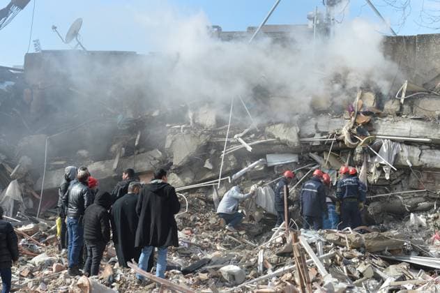 Collapsed buildings at Pazarcik town, the center of the 7.8 earthquake in Kahramanmaras, south east Turkey. A powerful earthquake has hit a wide area in south-eastern Turkey, near the Syrian border, killing more than 6000 people and trapping many others. 17838837