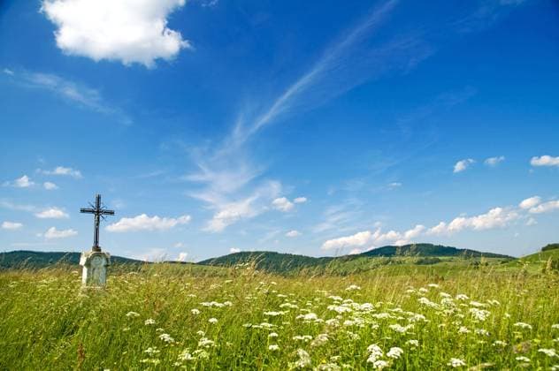 RECORD DATE NOT STATED Old wayside cross on the meadow. Landscape. Poland, Bieszczady Mountains, Bystre. , 721863.jpg, cross, crosses, landscape, religion, christ, old,