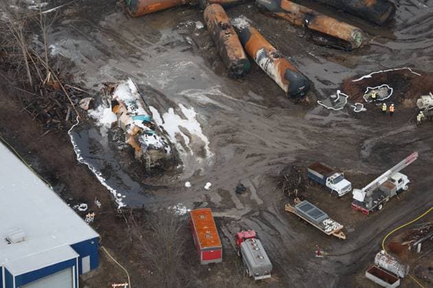 EAST PALESTINE, OH - FEBRUARY 8: Aerial view of a train derailment containing the toxic chemical, vinyl chloride derailed five days ago in the village of 5,000 people near the Pennsylvania border. Residents were allowed to return home after tests deemed it to be safe in the area on February 8, 2023 in East Palestine, Ohio. Copyright: xmpi34x