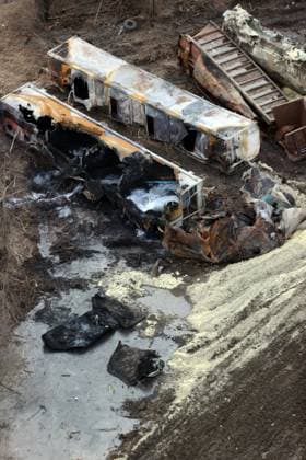 EAST PALESTINE, OH - FEBRUARY 8: Aerial view of a train derailment containing the toxic chemical, vinyl chloride derailed five days ago in the village of 5,000 people near the Pennsylvania border. Residents were allowed to return home after tests deemed it to be safe in the area on February 8, 2023 in East Palestine, Ohio. Copyright: xmpi34x