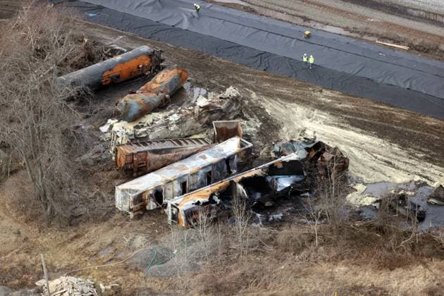 EAST PALESTINE, OH - FEBRUARY 8: Aerial view of a train derailment containing the toxic chemical, vinyl chloride derailed five days ago in the village of 5,000 people near the Pennsylvania border. Residents were allowed to return home after tests deemed it to be safe in the area on February 8, 2023 in East Palestine, Ohio. Copyright: xmpi34x