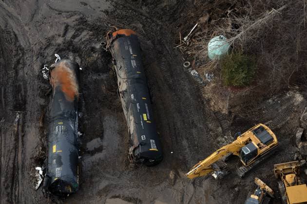 EAST PALESTINE, OH - FEBRUARY 8: Aerial view of a train derailment containing the toxic chemical, vinyl chloride derailed five days ago in the village of 5,000 people near the Pennsylvania border. Residents were allowed to return home after tests deemed it to be safe in the area on February 8, 2023 in East Palestine, Ohio. Copyright: xmpi34x