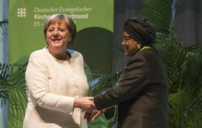 Deutscher evangelischer Kirchentag in Dortmund. *** NUR FÜR REDAKTIONELLE ZWECKE *** EDITORIAL USE ONLY ***<p>Dortmund, 22.06.2019. Deutscher evangelischer Kirchentag in Dortmund. Bundeskanzlerin Angela Merkel (CDU, l) steht neben Friedensnobelpreisträgerin Ellen Johnson Sirleaf. Deutschland NRW Dortmund Copyright: RalfxRottmann *** German Protestant Kirchentag in Dortmund *** ONLY FOR EDITORIAL PURPOSE *** EDITORIAL USE ONLY *** P Dortmund, 22 06 2019 German Protestant Kirchentag in Dortmund Federal Chancellor Angela Merkel CDU, l is next to Nobel Peace Prize winner Ellen Johnson Sirleaf Germany NRW Dortmund Copyright RalfxRottmann Copyright: RalfxRottmann doc75wmxeh4ajtc6uwu41l EDITORIAL USE ONLY