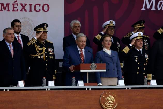 President of Mexico presides over the March of Loyalty February 9, 2023, Mexico City, Mexico: The President of Mexico, Andres Manuel Lopez Obrador with the Secretaries of National Defense, Luis Crescencio Sandoval and of the Navy, Rafael Ojeda, at the 110th anniversary ceremony of the March of Loyalty  in the Zocalo in Mexico City. on February 9, 2023 in Mexico City, Mexico (Photo by Luis Barron Eyepix Group). Copyright: xLuisxBarronx xEyepixxGroupx LB20230209_LEALTAD_AMLO41