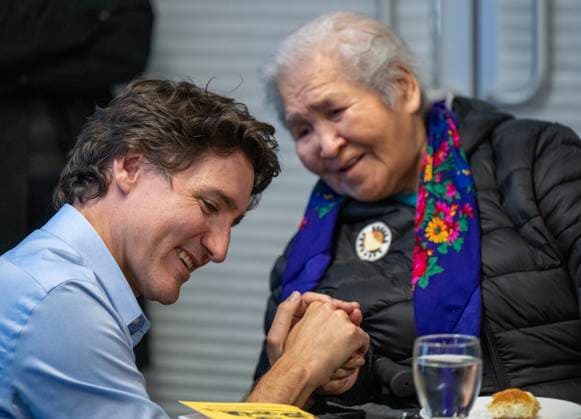 February 12, 2023, Whitehorse, YT, CANADA: Prime Minister Justin Trudeau meets Betty Lucas at the elders tea during Council of Yukon First Nations Together Today For Our Children Tomorrow 50th Anniversary celebrations at the Kwanlin DoÂ¼n Cultural Centre in Whitehorse, Yukon on Sunday February 12, 2023. Whitehorse CANADA  - ZUMAc35_ 20230212_zaf_c35_014 Copyright: xMikexThomasx