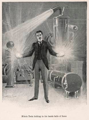 Nikola Tesla 1899 Nikola Tesla (1856-1943), Croatian inventor holding balls of flame in his bare hands  Copyright: Copyrightx(c)Geminix2023.xCredit:xGemini 12001597