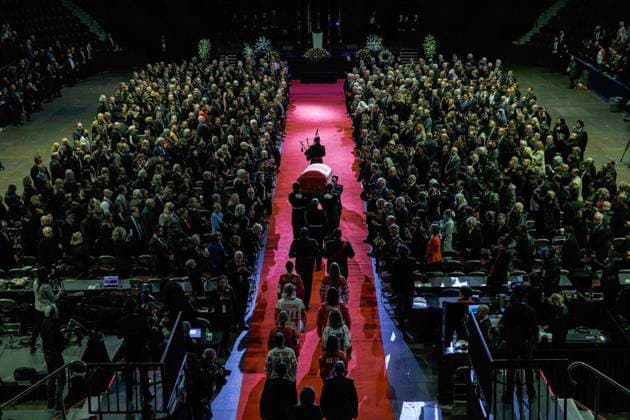 February 14, 2023, MISSISSAUGA, ON, CANADA: The casket of former Mississauga mayor Hazel McCallion arrives at the Paramount Fine Foods Centre for her state funeral in Mississauga, Ontario, Tuesday, Feb.14, 2023. MISSISSAUGA CANADA  - ZUMAc35_ 20230214_zaf_c35_035 Copyright: xColexBurstonx