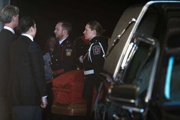 February 14, 2023, Mississauga, ONT, CANADA: Pallbearers carry the casket of the late Mississauga mayor Hazel McCallion during her state funeral at the Paramount Fine Foods Centre in Mississauga, Ont. on Tuesday, February 14, 2023. Mississauga CANADA  - ZUMAc35_ 20230214_zaf_c35_040 Copyright: xTijanaxMartinx