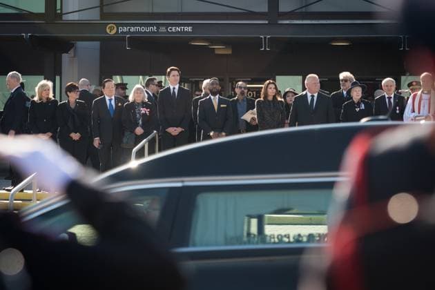 February 14, 2023, Mississauga, ONT, CANADA: Dignitaries and family members watch the procession following the state funeral for former Mississauga mayor Hazel McCallion, at the Paramount Fine Foods Centre in in Mississauga, Ont., on Tuesday, February 14, 2023. Mississauga CANADA  - ZUMAc35_ 20230214_zaf_c35_079 Copyright: xTijanaxMartinx