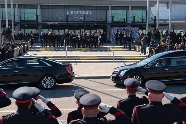 February 14, 2023, Mississauga, ONT, CANADA: Dignitaries and family members watch the procession following the state funeral for former Mississauga mayor Hazel McCallion, at the Paramount Fine Foods Centre in in Mississauga, Ont., on Tuesday, February 14, 2023. Mississauga CANADA  - ZUMAc35_ 20230214_zaf_c35_080 Copyright: xTijanaxMartinx