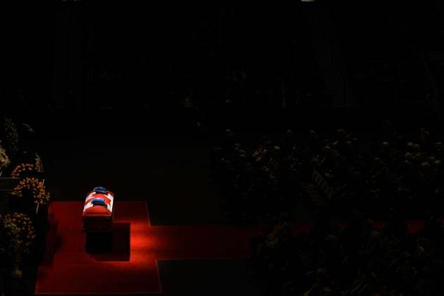 February 14, 2023, MISSISSAUGA, ON, CANADA: A light shines on the casket of former Mississauga mayor Hazel McCallion during her state funeral in the Paramount Fine Foods Centre in Mississauga, Ontario, Tuesday, Feb. 14, 2023. MISSISSAUGA CANADA  - ZUMAc35_ 20230214_zaf_c35_083 Copyright: xColexBurstonx