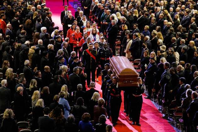 February 14, 2023, MISSISSAUGA, ON, CANADA: The casket of former Mississauga mayor Hazel McCallion leaves the Paramount Fine Foods Centre during her state funeral in Mississauga, Ontario, Tuesday, Feb. 14, 2023. MISSISSAUGA CANADA  - ZUMAc35_ 20230214_zaf_c35_084 Copyright: xColexBurstonx