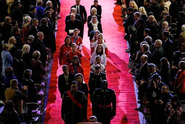 February 14, 2023, MISSISSAUGA, ON, CANADA: Members of the Canadian Women s Hockey Team follow the casket of the former Mississauga mayor Hazel McCallion as it leaves the Paramount Fine Foods Centre during her state funeral in Mississauga, Ontario, Tuesday, Feb. 14, 2023. MISSISSAUGA CANADA  - ZUMAc35_ 20230214_zaf_c35_085 Copyright: xColexBurstonx
