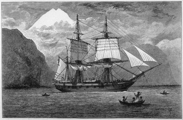 Hms Beagle - Darwin s Ship HMS Beagle , the ship in which Charles Darwin sailed, in the Straits of Magellan Date: 1832  Copyright: Copyrightx(c)Geminix2023.xCredit:xGemini 12002659