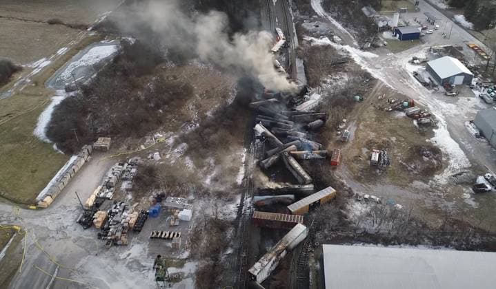 (230215) -- WASHINGTON, Feb. 15, 2023 -- This video screenshot released by the U.S. National Transportation Safety Board () shows the site of a derailed freight train in East Palestine, Ohio, the United States. About 50 Norfolk Southern freight train cars derailed on the night of Feb. 3 in East Palestine, a town of 4,800 residents near the Ohio-Pennsylvania border, due to a mechanical problem on an axle of one of the vehicles. There were a total of 20 hazardous material cars in the train consist, 10 of which derailed, according to the , a U.S. government agency responsible for civil transportation accident investigation. ( Handout via Xinhua) U.S.-OHIO-FREIGHT TRAIN-TOXIC CHEMICALS-DERAILMENT NTSB 