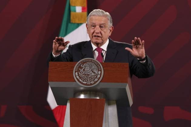 Mexican President Lopez Obrador Daily News Conference February 15, 2023, Mexico City, Mexico: Mexico™s President Andres Manuel Lopez Obrador gesticulates during his speech in his daily morning briefing conference at National Palace. on February 15, 2023 in Mexico City, Mexico. (Photo by Ismael Rosas Eyepix Group) Copyright: xIsmaelxRosas xEyepixxGroupx IR_15022023_87928
